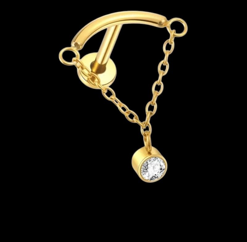 Curved Barbell with Hanging Chain & Zirconia Charm